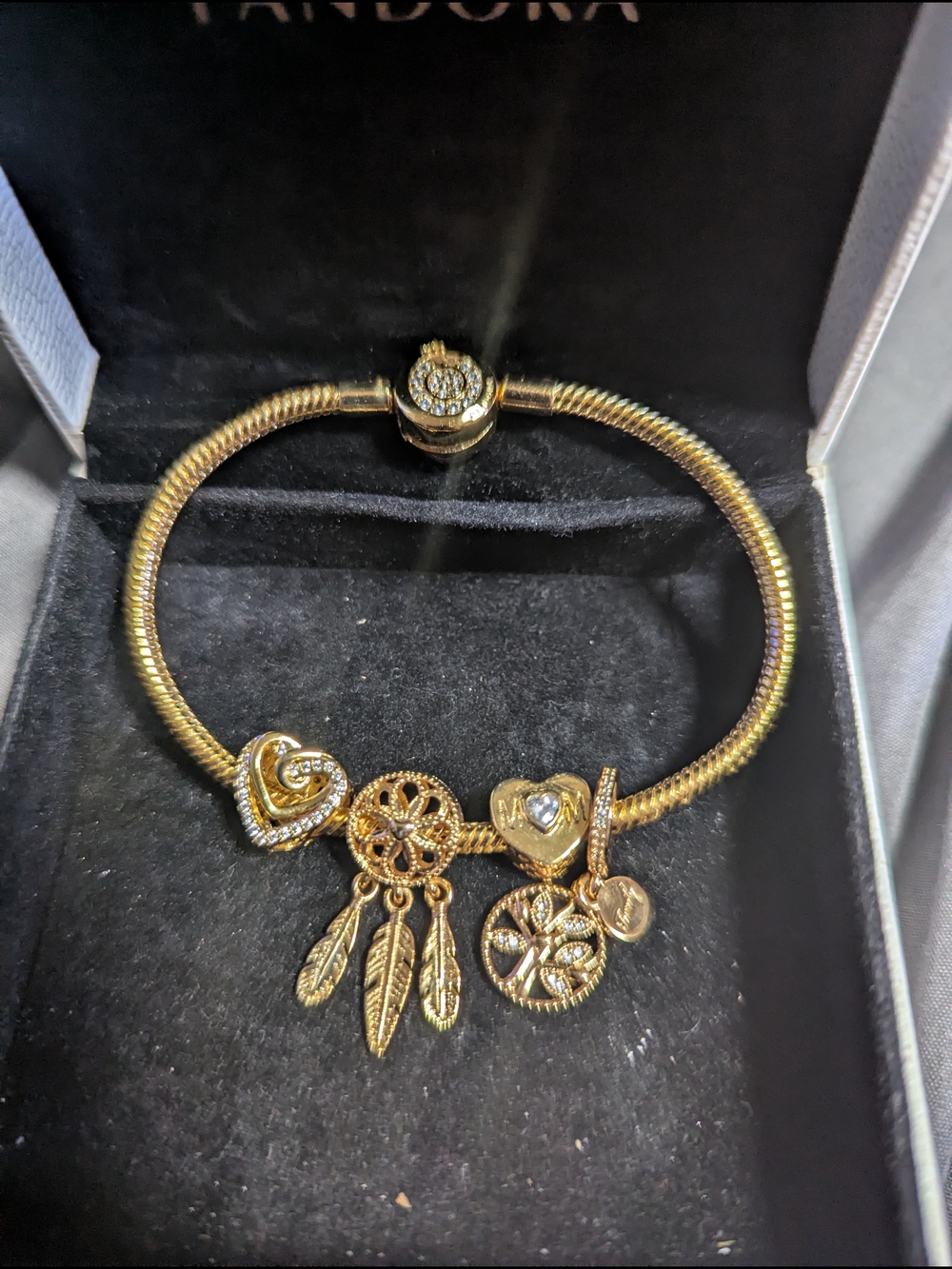 Pandora Gold-Tone Charm Bracelet with Heart & Dreamcatcher Charms